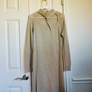 Michael Kors Metallic Gold Twist-Neck Long Sleeve Dress